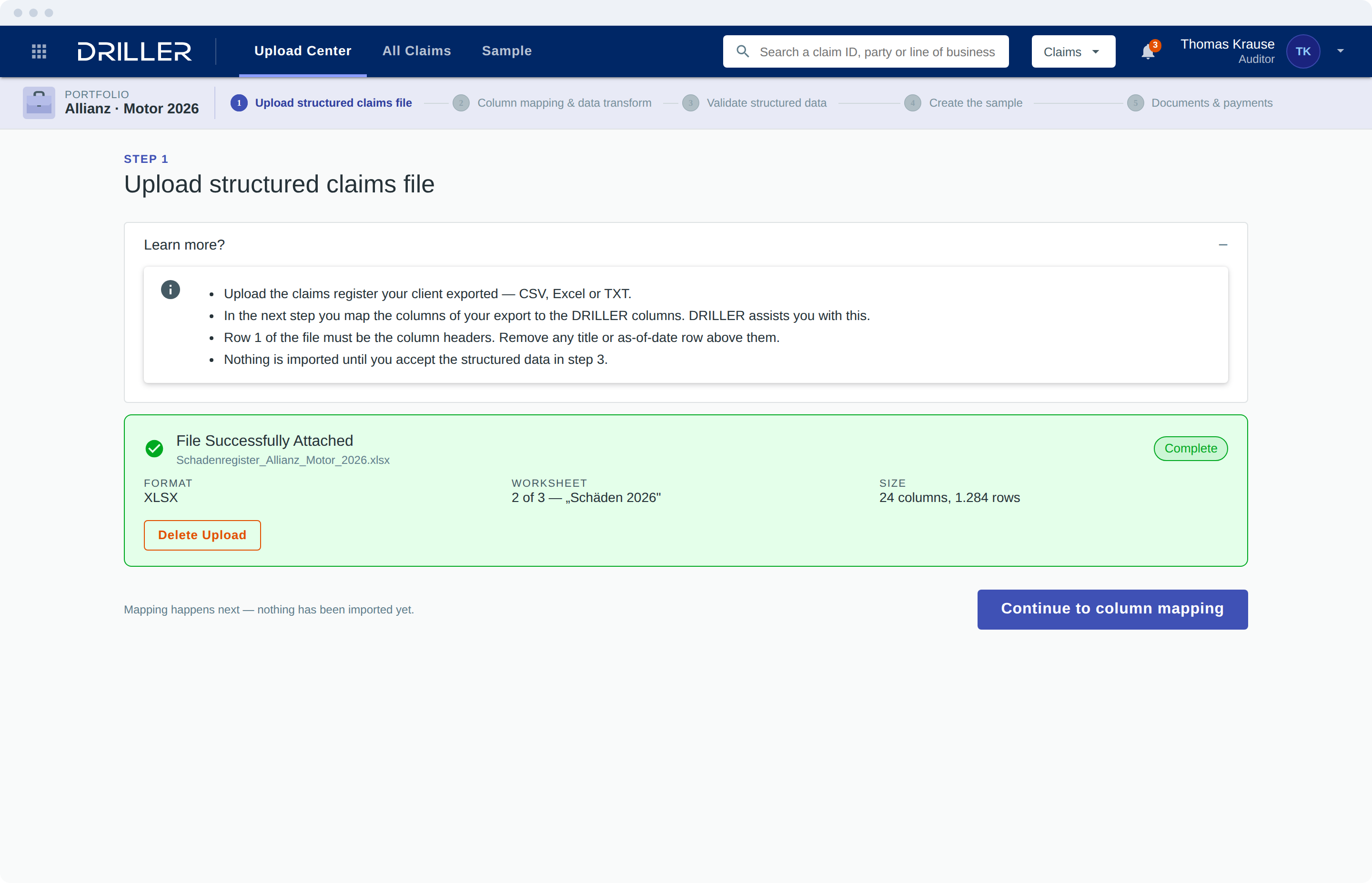 Step 1: uploading the client's claims register, checked for format, worksheet and size.