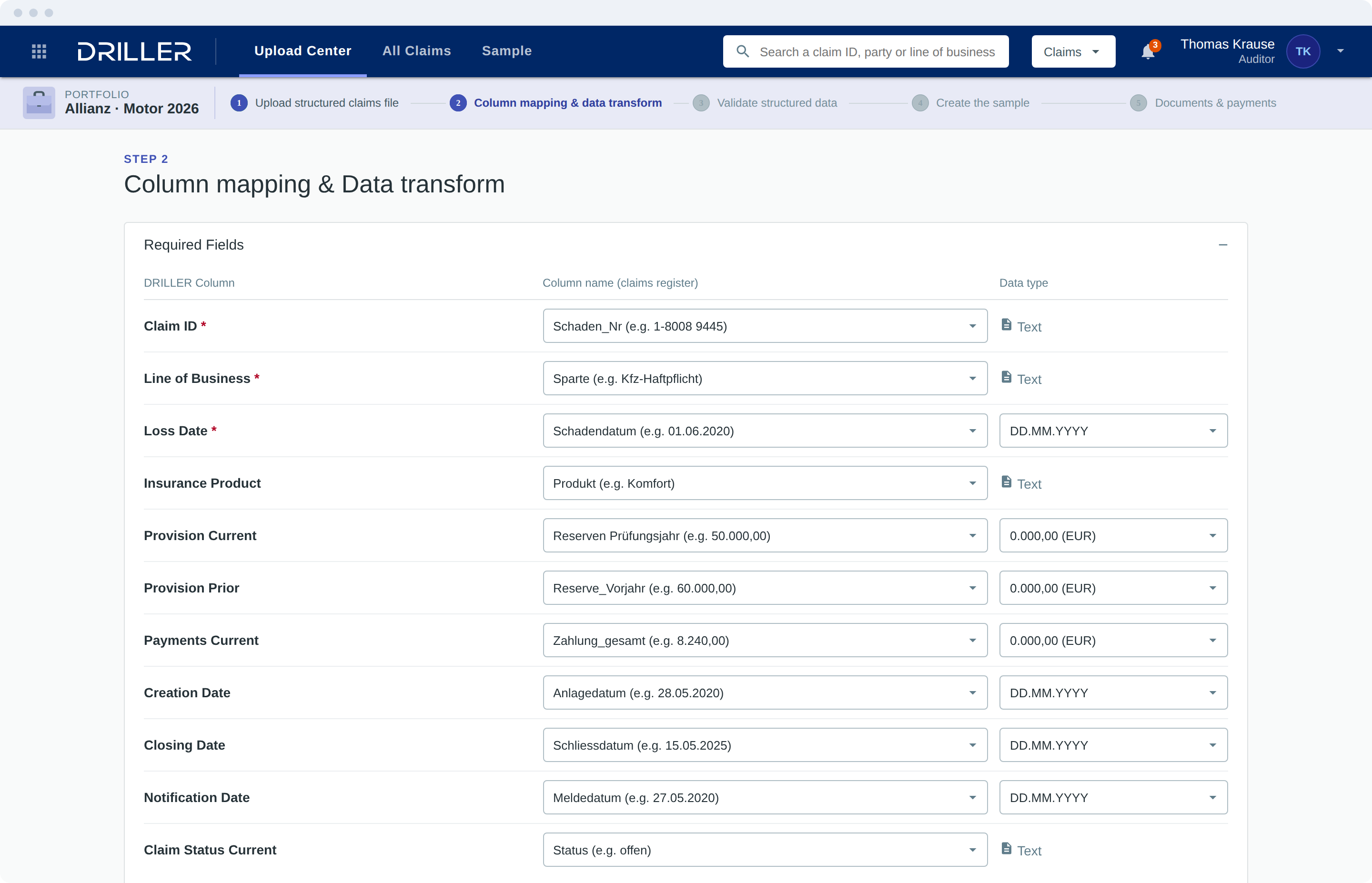 Step 2: DRILLER maps the columns of the client's export to its own fields.