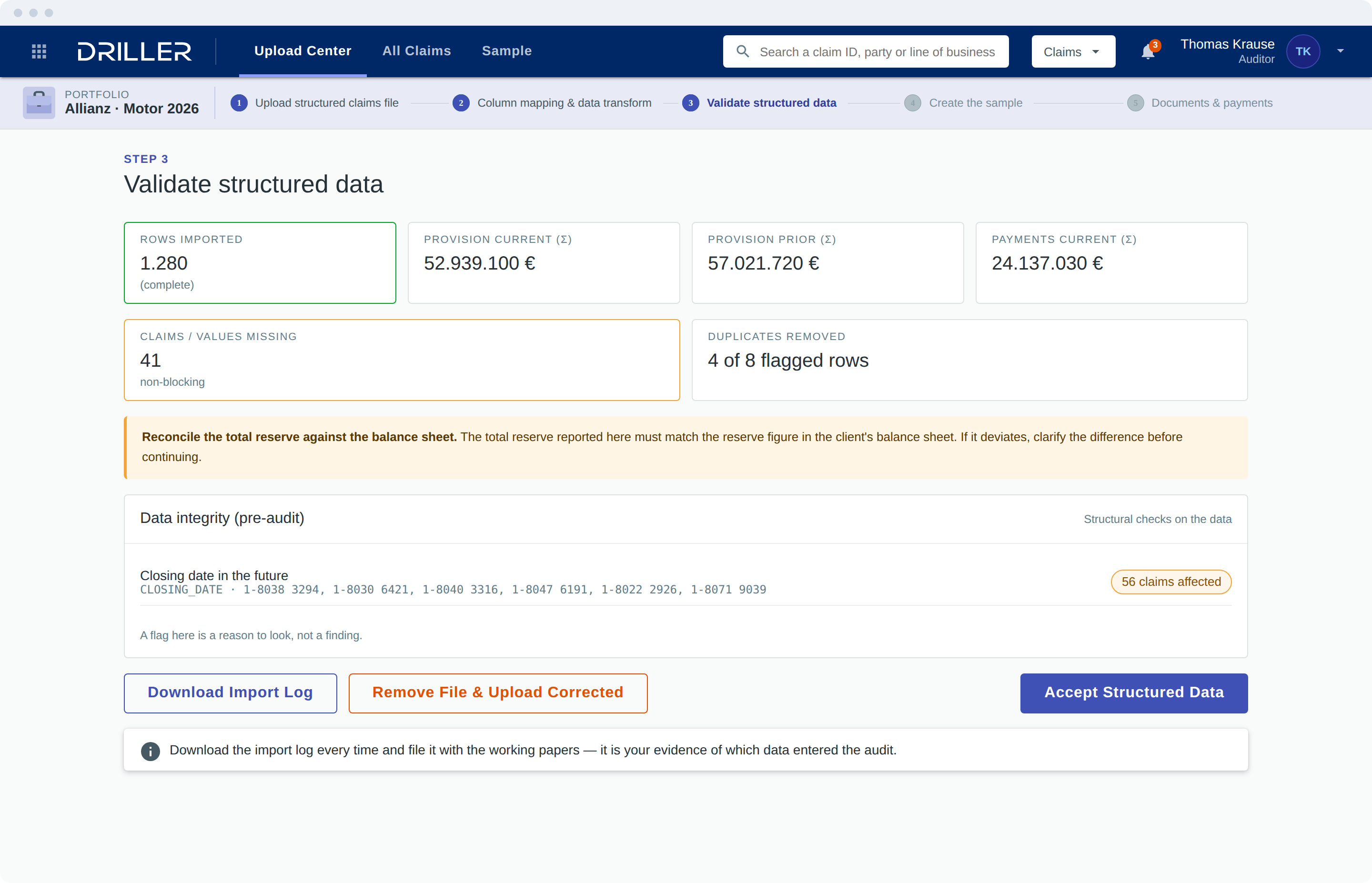 Step 3: validating the imported data, with totals, missing values, duplicates and integrity checks.