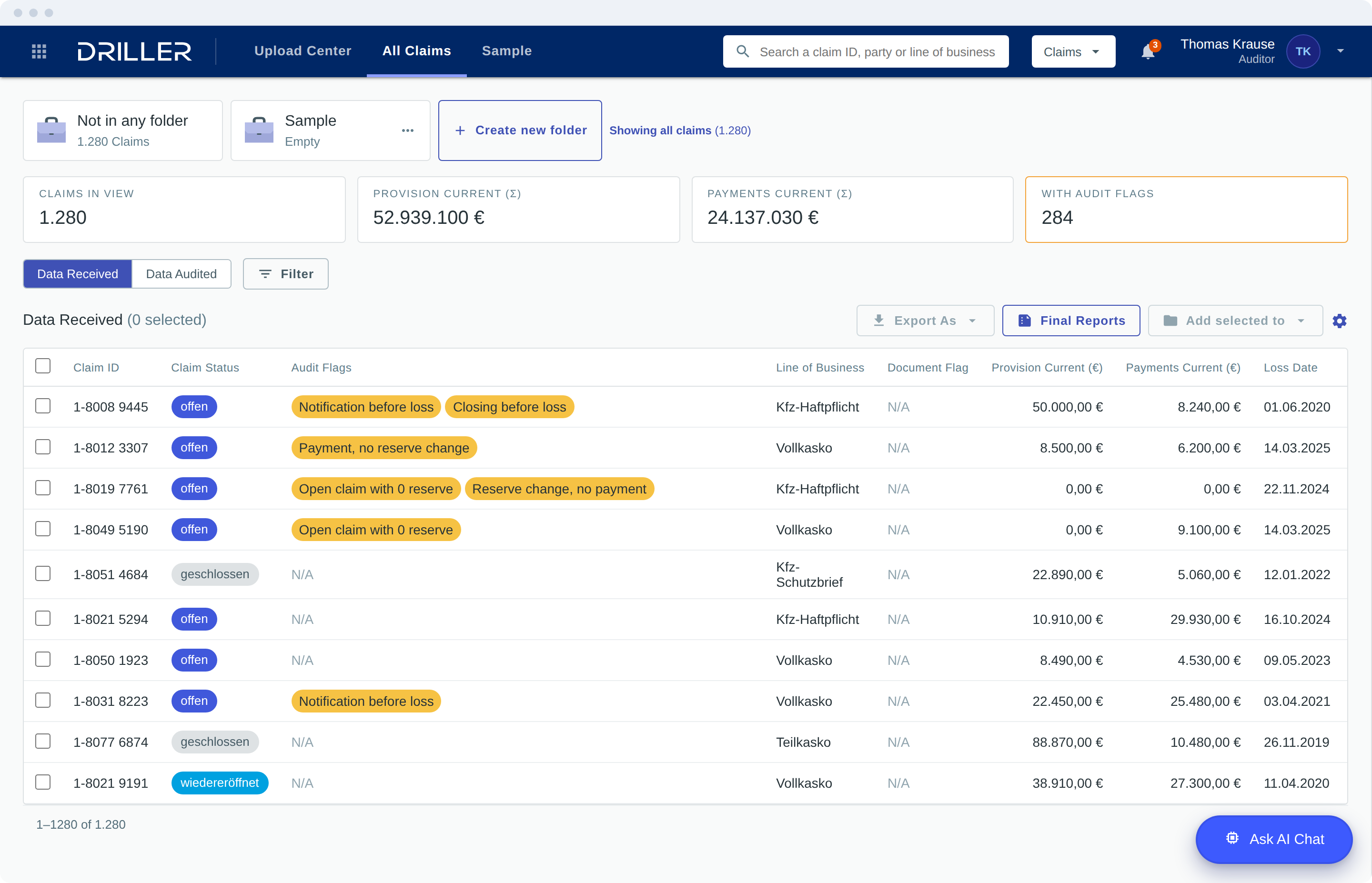 All claims in the portfolio, with audit flags raised automatically.