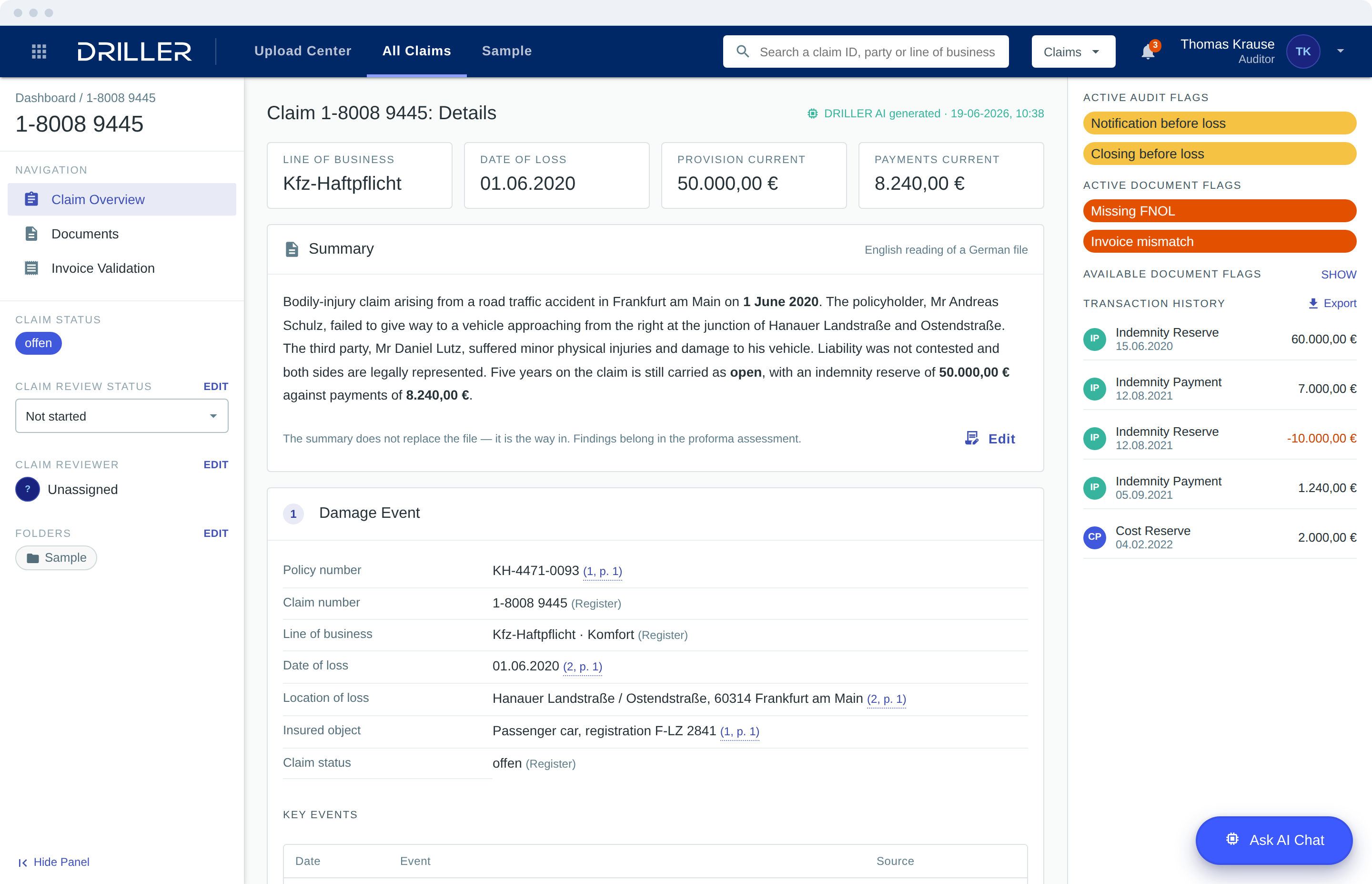 A claim's overview, with an AI-generated summary and every fact linked to its source page.