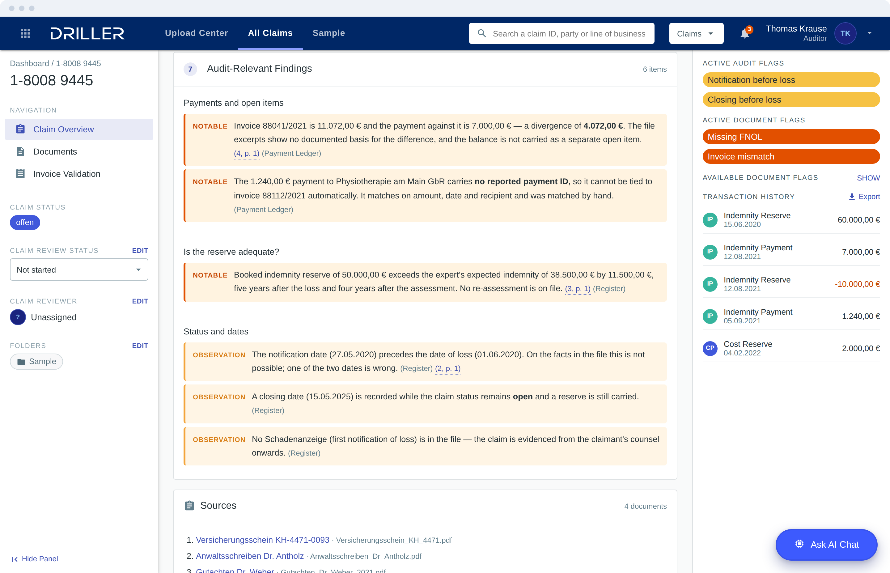 Audit-relevant findings on a claim, each with its source.