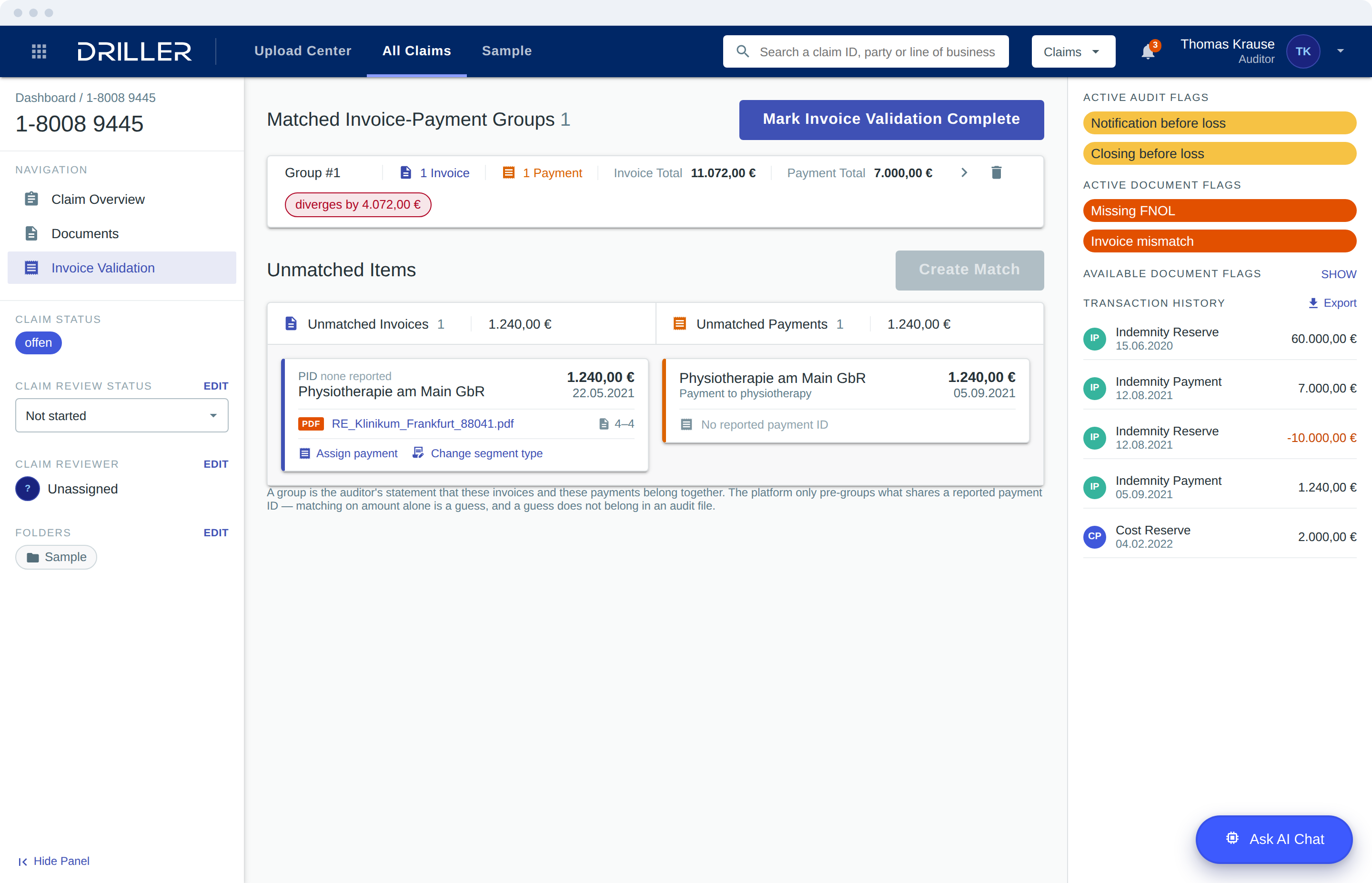 Matching invoices to payments, with divergences highlighted.