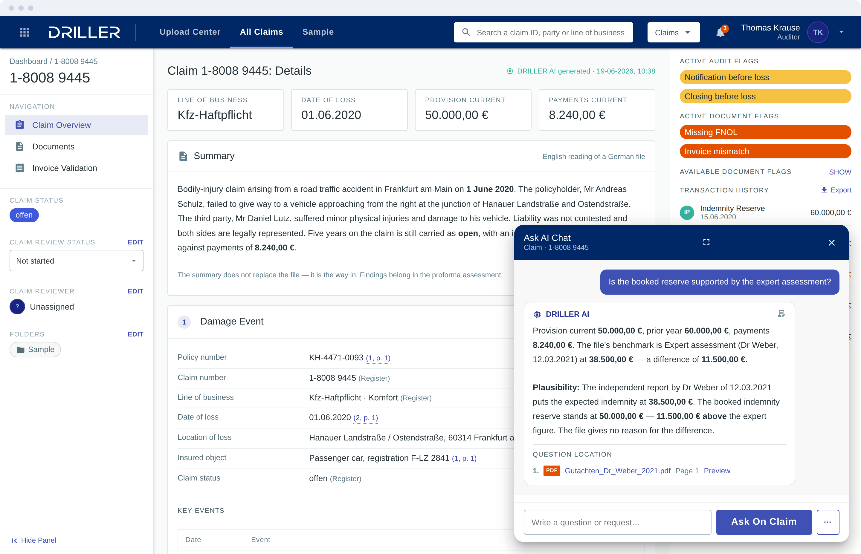 Ask AI: an answer about a claim, grounded in and linked to the source document.